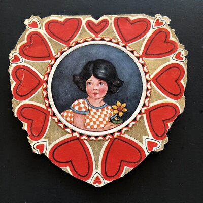 Vtg Die Cut Valentine Day Card Pretty Girl Checkered Dress Flower Say U Love Me!