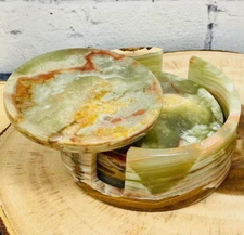 Banded Green Onyx Coaster Set of 4 with Holder, Anti Scratch, Surface Protection