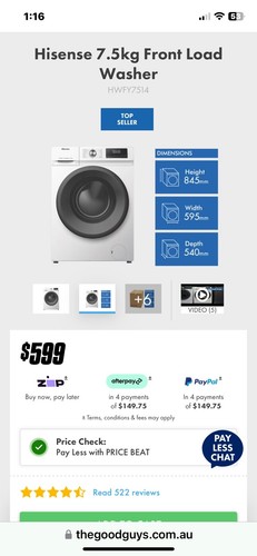 HISENSE 7.5kg Front Load Washer HWFY7514 BARELY USED still Like New BERWICK 3806 - Picture 2 of 3