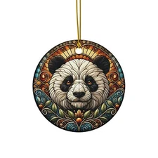 Ceramic Printed Ornament: Ornate Panda Design with Floral & Sunburst Elements