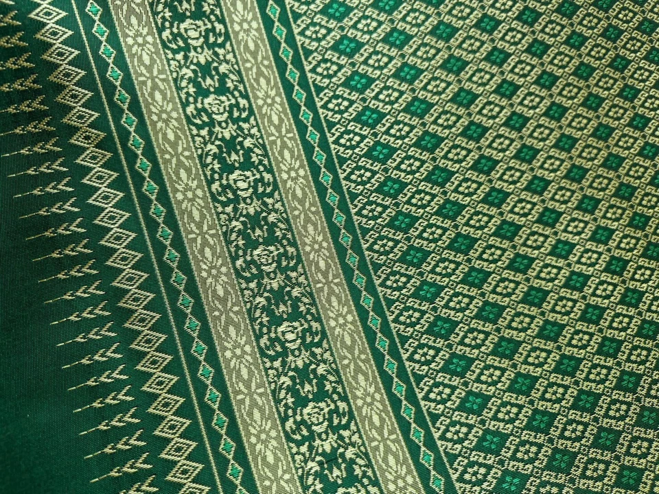 Green Gold Thai Silk Traditional Fabric Wedding Dress Damask Pattern 40' Drape  - Image 2 of 4