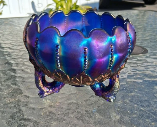 ANTIQUE MARKED NORTHWOOD ELECTRIC BLUE LEAF & BEAD 3 FOOTED ROSE BOWL