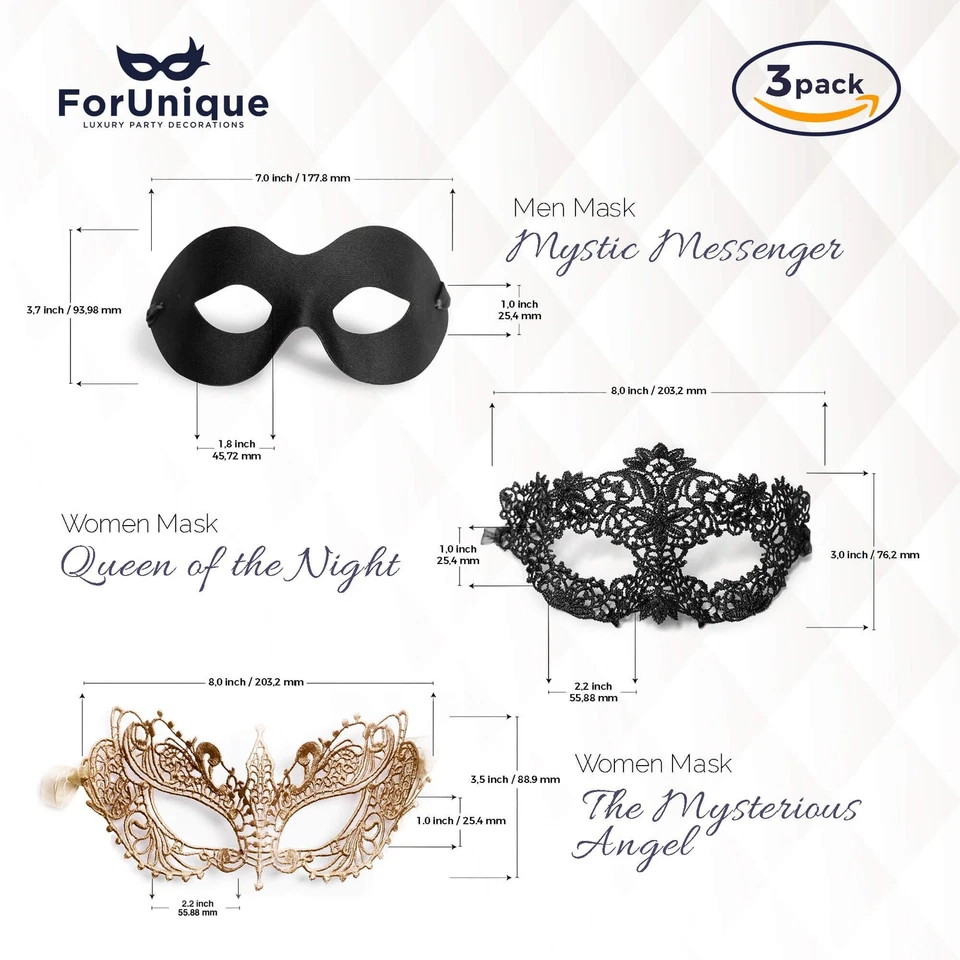 Masquerade Masks for Couples – 3 Pack Gold & Black Venetian Style Lace Mask f... - Image 2 of 4