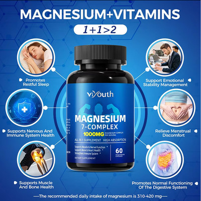 Viyouth Magnesium 7 Complex 60 Capsules, Supports Sleep & Bone Health, 1-3 Pack