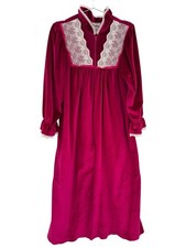 Vintage 80s Velour Robe Magenta with Ivory Lace Full Length Old Fashioned Modest
