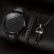 3PCS Men s Quartz Watch Set Leather Strap Business Watch Necklace Bracelet Set