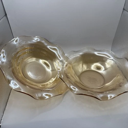 Set Of 2 Vintage Jeannette Floragold Louisa Iridescent Glass Bowl Ruffled Rim