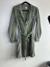 Khaki green Gap shirt dress with button up front, long sleeves, and tie belt