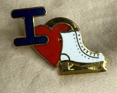  Vintage I Love Ice Skating Enamel Lapel Pin Figure Skates Heart Hat Pin