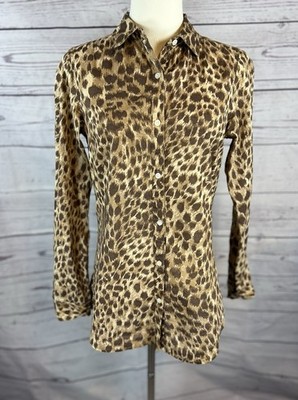 J McLaughlin Leopard Print Blouse Womens XS Cheetah Button Up Long Sleeve