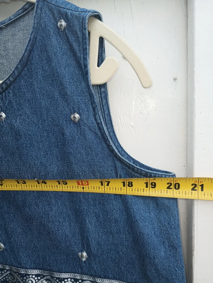 Vestido informal de mezclilla azul grande bordado anexo esquina midi cottagecore para mujer Foto 4 de 4