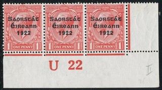 1922 23 SAORSTÁT OVERPRINT 1d CONTROL STRIP U 22 Imp. TC141 MNH/