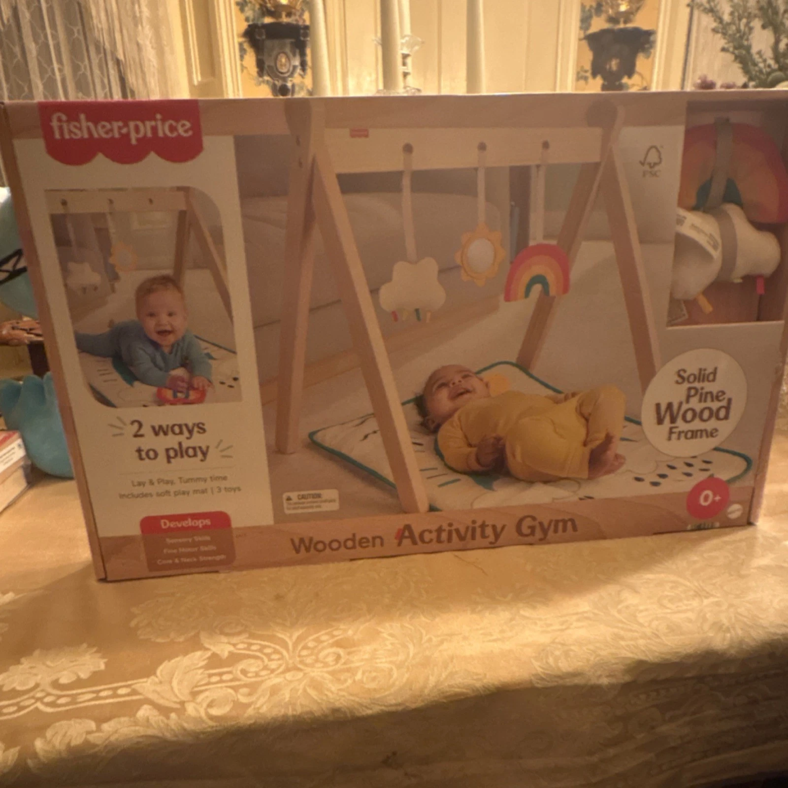 Fisher-Price Wooden Activity Gym Playmat, Solid Pine Frame, Rainbows, 3 Toys