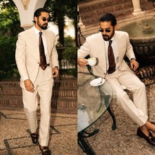 Summer Linen Blend Suits for Men Wide Peak Lapel Office Jacket Classic Style