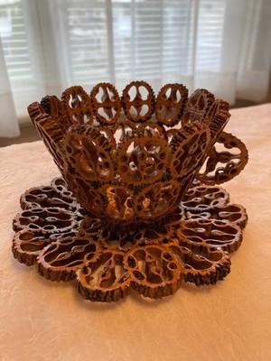 VTG Folk Art Sliced Black Walnut Shell Tea Cup & Saucer Lacquered