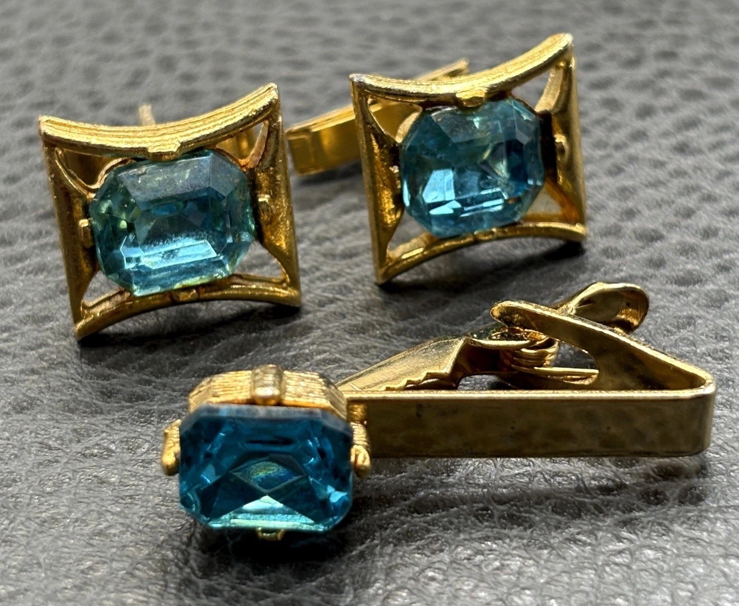 Blue rhinestone crystal cufflinks and tie clip set, mid-century modernist