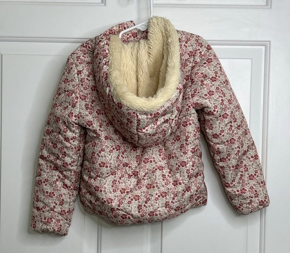 Jaqueta TAHARI Puffer + Capuz Meninas 5 Forro de Pele Sintética Floral Rosa Bege LEIA - Imagem 4 de 4