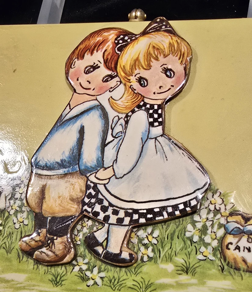 CAJA DE MADERA DE COLECCIÓN MONEDERO MANGO LUCITE ~ Pintado a mano/decoupage niños pequeños y cachorro Foto 2 de 4