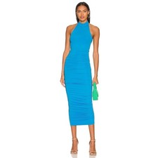 Superdown Mallory High Neck Dress Blue Halter Ruched Midi Bodycon S Stretch