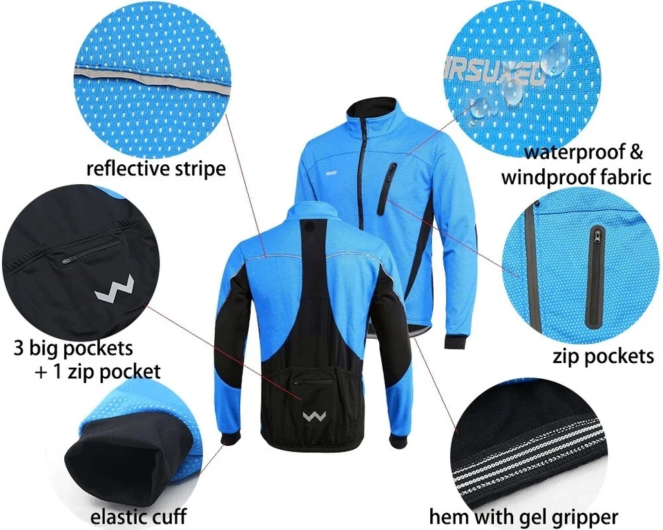 Men's Thermal Cycling Jacket Winter Warm Up Fleece Clothing Windbreak Waterproof - Image 3 of 4