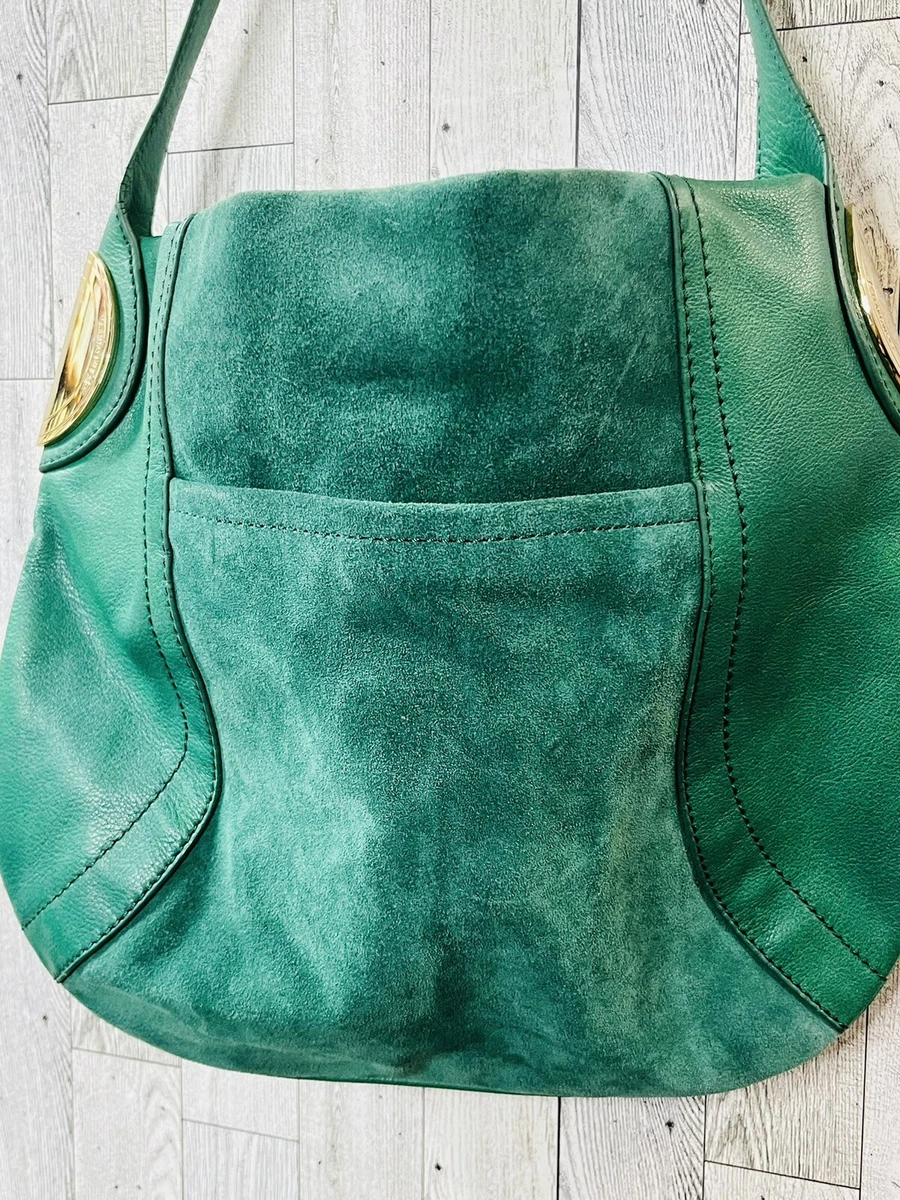 B Makowsky Green Suede Leather Hobo Shoulder Handbag Purse Tote EUC