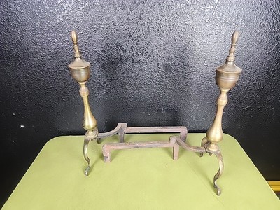 Old Vintage Brass Set Pair of Two 2 New York Sheffield Brass Fireplace Andirons