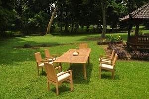 DSWV A-Grade Teak 7pc Dining Set 118" Rectangle Table 6 Stacking Arm Chair Patio