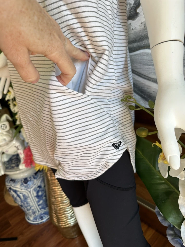 ROXY GRAY & WHITE STRIPED SLEEVELESS V-NECK RACER BACK HOODIE SIZE XL - Image 4 of 4