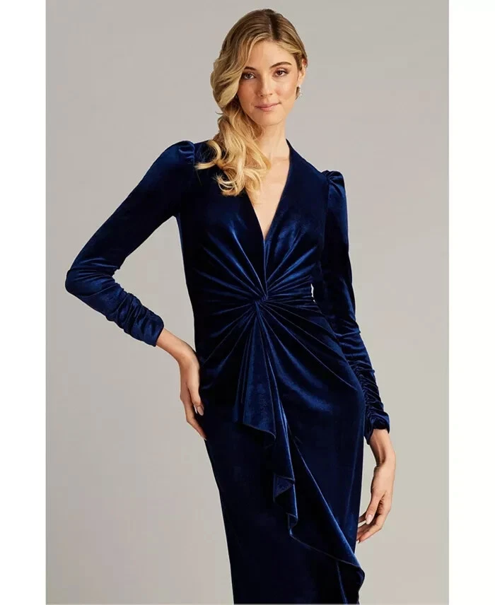 Vestido drapeado Tadashi Shoji azul marinho Bevan veludo cachoeira tamanho X-pequeno $458 - Imagem 3 de 3