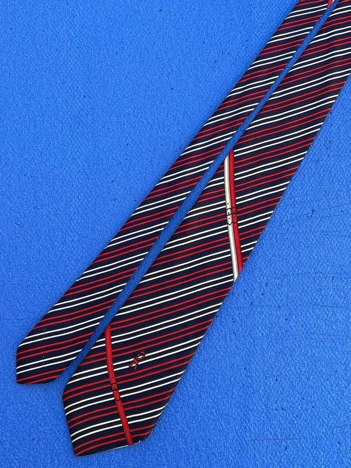 正品 Roberta di Camerino 条纹设计海军蓝 100% 真丝领带 — 第 3/4 张图片