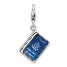 Sterling Silver Blue Enameled 3D Passport Clip On Lobster Clasp Charm Pendant