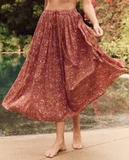 The Great. The Ripple Midi Skirt Floral Printed Beach Pull-On Cotton S-1 272231