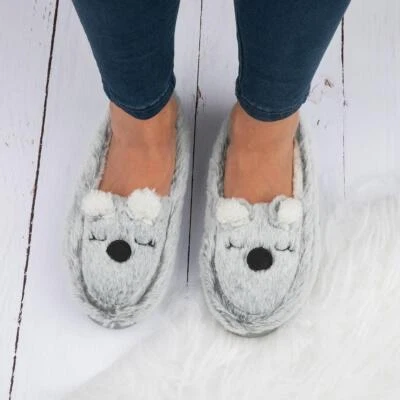 The Slipper Company Womens Slippers Grey Adults Ladies Moccasin Faux Fur SIZE