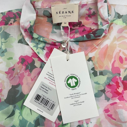 NWT SEZANE PIERRO SHIRT Romantic flowers PINK GREEN COTTON SZ 34 US2 bust36 - Picture 3 of 7
