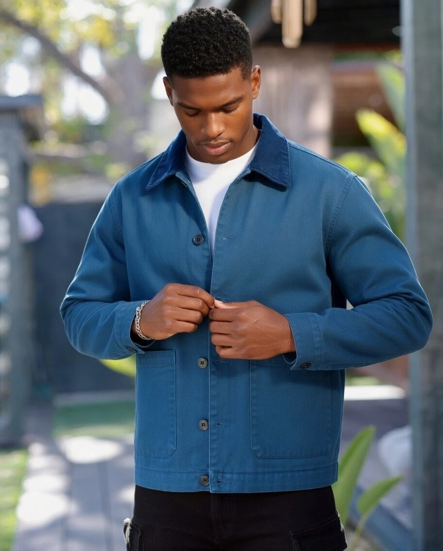 Men's-Jacket-NovaMEN-Chore-100% Cotton-Twill-Cord Collar-Button Front-Sz Large image 7