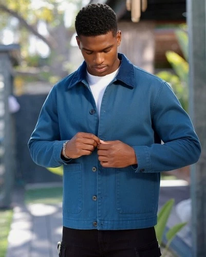 Men's-Jacket-NovaMEN-Chore-100% Cotton-Twill-Cord Collar-Button Front-Sz Large image 7