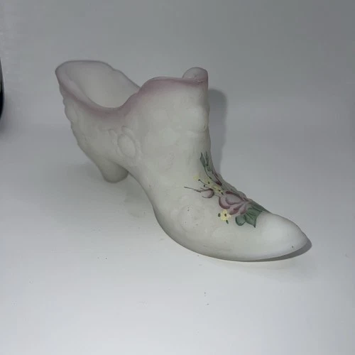 Vintage Fenton Glass Satin Hand Painted Ladies Slipper Shoe W/original Sticker