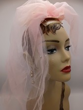 Vtg Blush Pink Bridal Veil Netting Hair Comb Bow