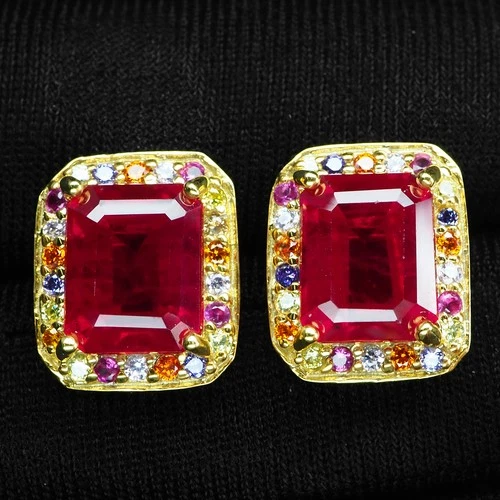 24K Gold 925 Sterling Silver Earrings Precious Blood Red Ruby Baguette 8.80Ct