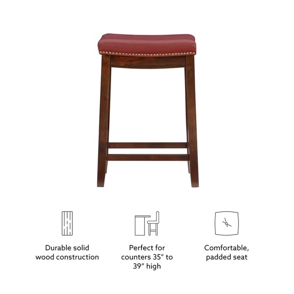 Linon Claridge Backless Counter Stool Red Faux Leather Wood Frame in Dark Brown - Image 4 of 4