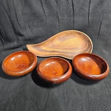 Hand Carved Wood Leaf Snack Tray and 3 wood bowls