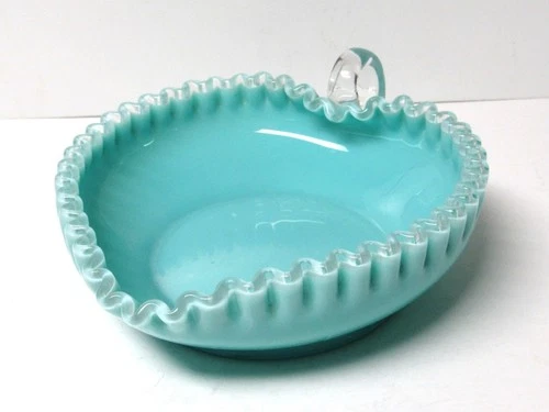 Fenton Turquoise Silver Crest Milk Glass Heart Shaped Vintage Candy Dish
