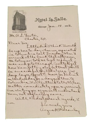 1923 Letterhead Hotel La Salle Chicago Illinois