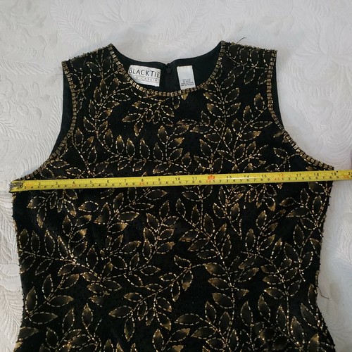 Oleg Cassini blusa paillettes donna 10 senza maniche seta nera vintage - Foto 11 di 12
