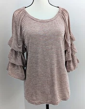 Skies are Blue Top Women's Size M White Mauve Stripe Tie Tiered Ruffle Sleeve