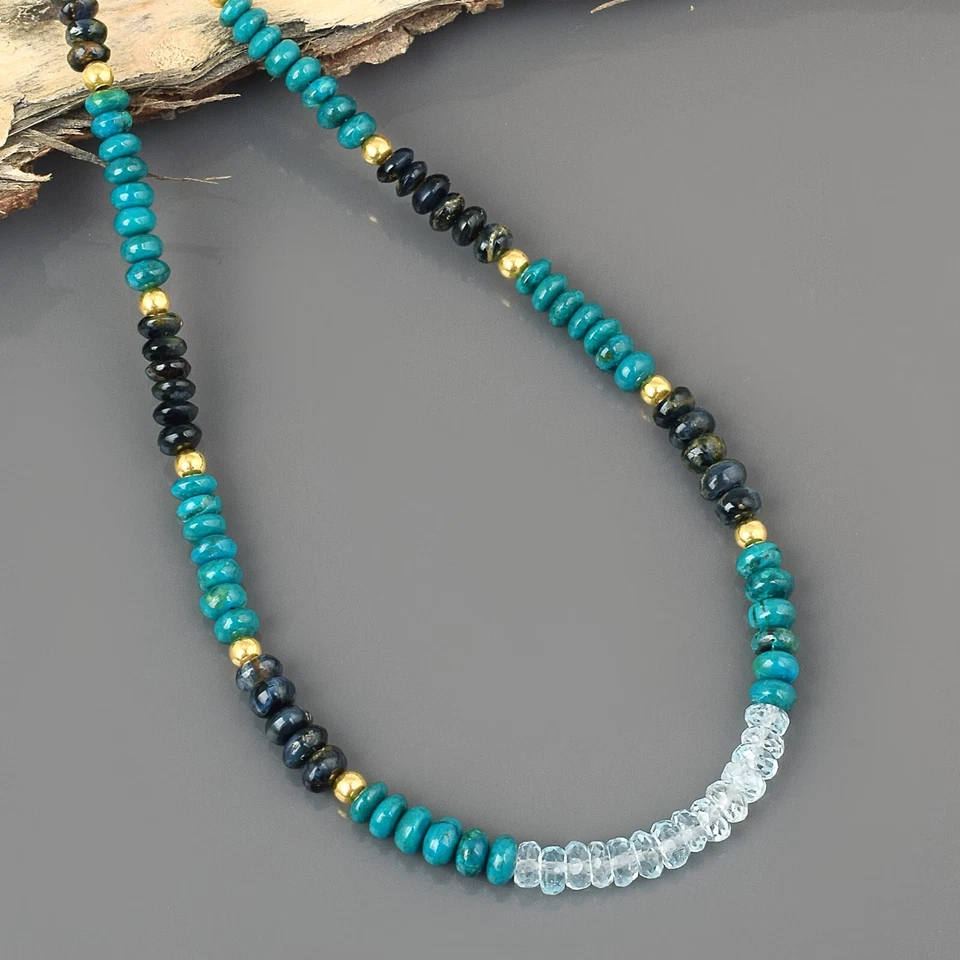 Naturale Topazio Blu Crisocolla & Pietersite Gemma Catena Perline Collana Regalo - Immagine 2 di 4