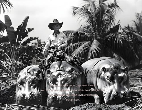 Cowboy Riding A Hippopotamus 1951 Photo Roundup African Savanna Safari 8.5x11