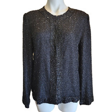 Lawrence Kazar Jacket Cardigan Size MEDIUM Black Beaded Silk Lined Hook Closure