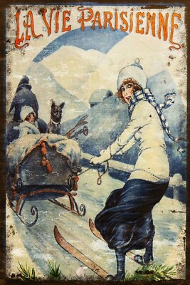 Vintage La Vie Parisienne Winter Schlitten & Ski Illustration auf neuem Blechschild