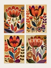 Set Of 4 Vintage style 1970s flowers A3 Unframed Art Prints Posters